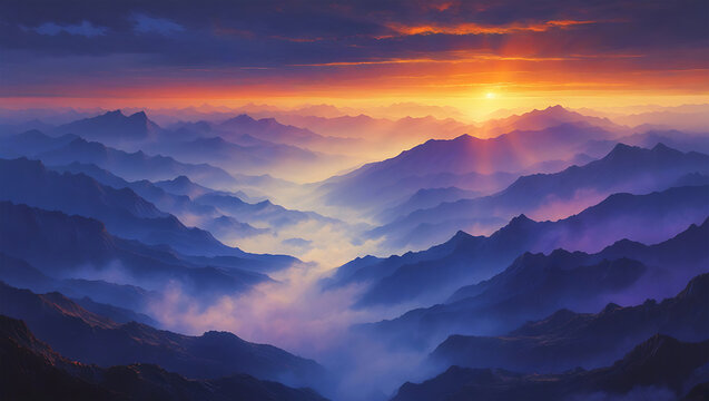 Dramatic mountain range landscape at sunrise with vibrant sky and mist filled valleys