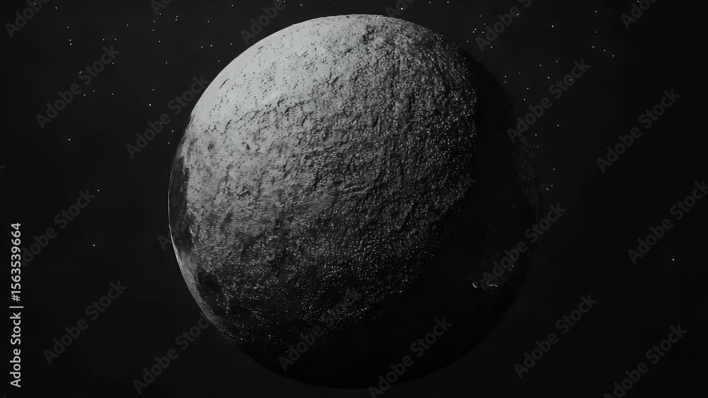 Poster monochrome animated illustration of a textured sphere with glowing dots representing stars in a dark