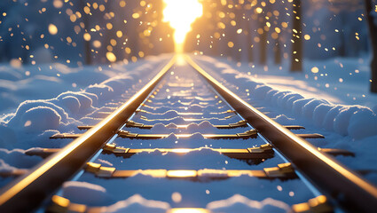 Golden hour sunlight illuminates snowy train tracks leading towards distant horizon