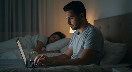 A man secretly works on his laptop in bed while his partner sleeps soundly beside him, illuminated by a soft nightlight.