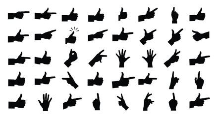 Black Hand Gesture Silhouette Vector Set - Pointing, Thumbs Up, OK, Victory, Communication, Direction, Like, Approval Icons