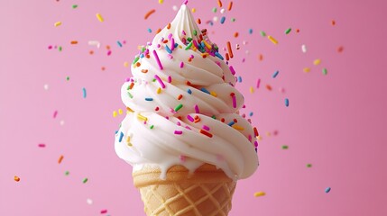 A slow-motion capture of sprinkles falling onto a swirled ice cream cone.