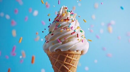 A slow-motion capture of sprinkles falling onto a swirled ice cream cone.