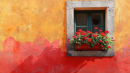 Orange Red Textured Wall Framing Green Window with Vibrant Red Flowers and Rustic Stone Border