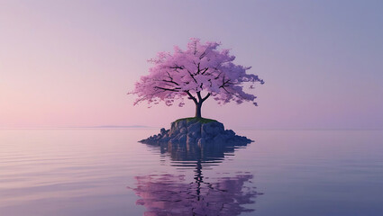 Serene cherry blossom tree stands alone on a rocky island in calm water at sunrise