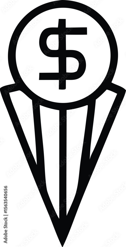 Aufkleber stylized black dollar sign symbol enclosed in a circle above a downward pointing arrowhead shape wit