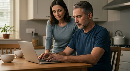A concerned couple sits at their kitchen table, intently reviewing documents on a laptop, their expressions reflecting a shared worry.