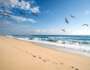 view of the beach with blue sky and sea waves and white sand and birds flying