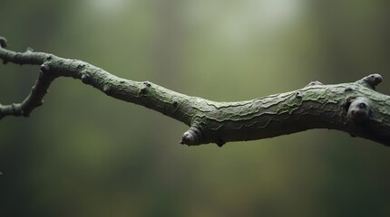 A macro shot of a bare tree branch with a soft, out-of-focus green background. A minimalist image focusing on texture and the simple, elegant forms of nature.