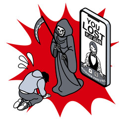 Man Looking Down in Defeat at Casino App Loss Screen, Grim Reaper Watching Silently