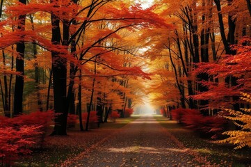 Autumn forest path at sunrise