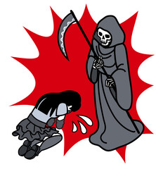 Grim Reaper Staring Down at a Defeated Kneeling Woman