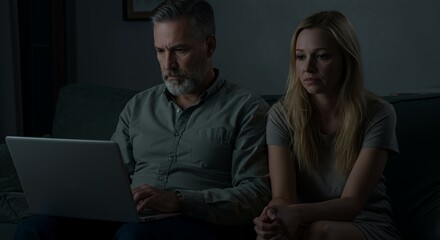 Obraz premium A couple sits together in dim light, sharing a concerned look as they use a laptop, their faces illuminated by the screen's glow.