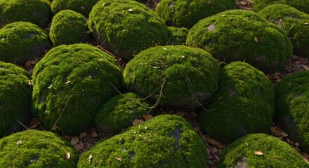 Numerous rounded stones covered in lush green moss on a forest floor with scattered dry leaves