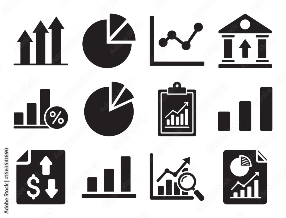 Poster data visualization charts solid glyph icon set for infographic elements showing various graphs for b