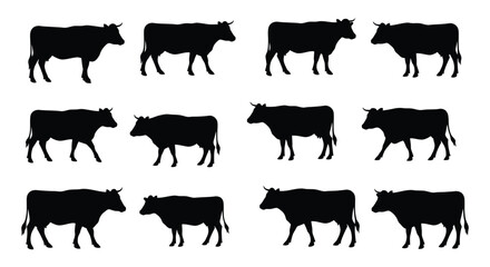 Diverse Black Silhouette Cow Vector Collection - Livestock, Farm Animal, Cattle, Beef, Dairy, Agriculture, Ranch, Rural Life Design Elements