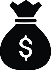 A simple black and white graphic icon representing a money bag with a dollar sign prominently displayed on its front