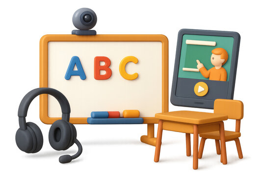Virtual classroom tools illustration for online education and e-learning design in 3d cartoon style