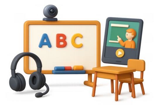 Virtual classroom tools illustration for online education and e-learning design in 3d cartoon style - Powered by Adobe