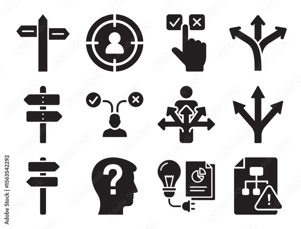 Poster decision making and strategy solid glyph icon set for business choices and paths showing arrow direc