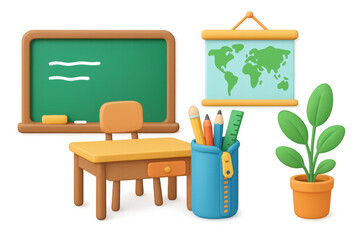 Colorful classroom interior illustration with desk and blackboard design for educational posters