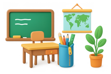 Colorful classroom interior illustration with desk and blackboard design for educational posters