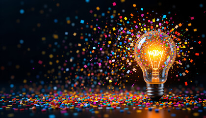 A glowing lightbulb surrounded by a confetti explosion symbolizes innovative ideas and creative celebration against a dark backdrop.