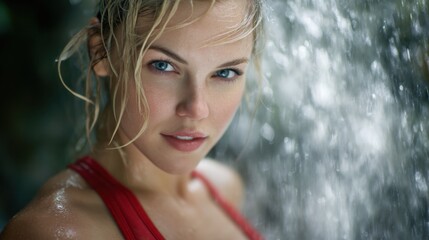 Fototapeta premium Portrait of a woman in red tank top near a waterfall