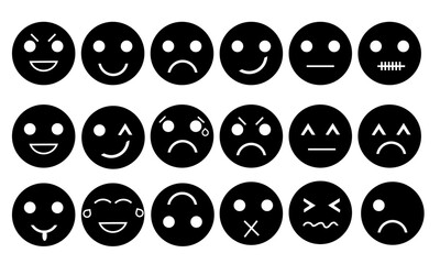 Black Round Vector Emoji Icon Set – Emotions and Reactions Pack