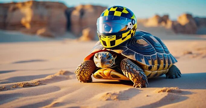 Tortoise in racing helmet on desert sand