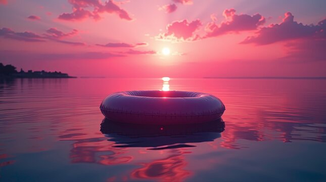 A bright orange inflatable ring floating alone on water reflecting the soft pink and purple hues of a sunset.