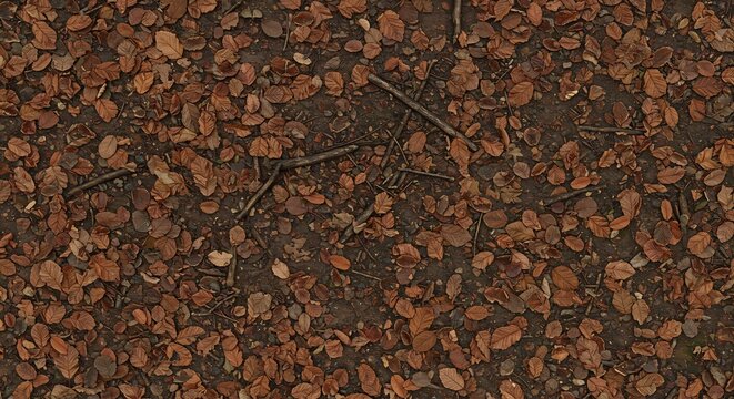 Overhead view of a forest floor covered in scattered dry brown leaves small twigs and dark soil