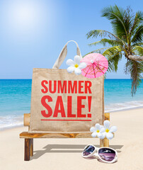Summer sale on jute bag with wooden bench and sunglasses on tropical beach, summer season promotion