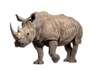 Obraz premium A powerful rhinoceros mid-step walking toward the camera, isolated