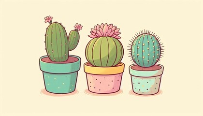three cute aesthetic cacti in three small pastel-colored pots