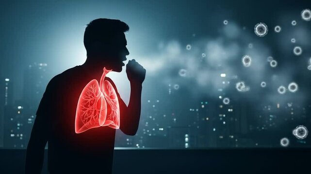 Silhouette of a man coughing with highlighted lungs and airborne particles in urban nighttime - Powered by Adobe