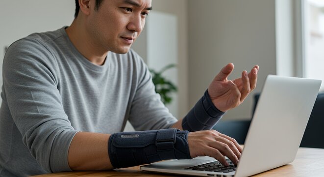 Focused man with wrist support uses laptop, working from home despite injury. He thoughtfully navigates his online tasks.