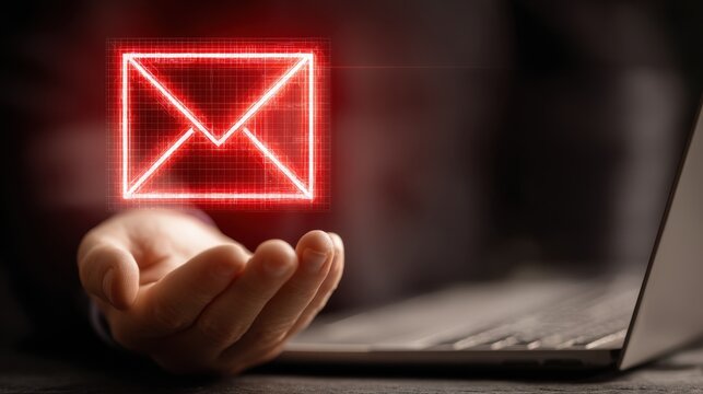 Holographic Email Icon Hovering Above a Hand with a Laptop in the Background