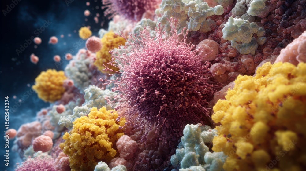Poster intricate visualization of colorful microscopic cellular structures