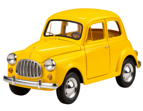 Yellow toy retro car on transparent background.