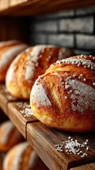 Freshly baked artisan bread loaves displayed on a wooden shelf in a rustic bakery