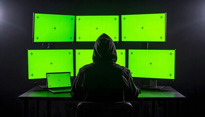 Hacker at Work: Silhouette of Man in Hoody with Multiple Green Screen Monitors and Laptop in Dark Room