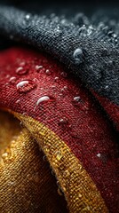 Close-up view of water droplets on textured fabric in black, red, and yellow hues showcasing detailed textile design
