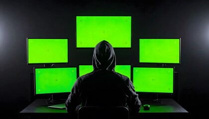 Anonymous Cybersecurity Expert Working on Multiple Green Screen Monitors in Dark Environment