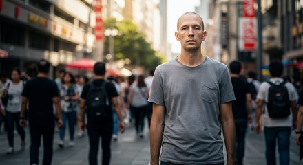 Thoughtful young man stands alone amidst a bustling city street, a portrait of quiet contemplation in urban anonymity.
