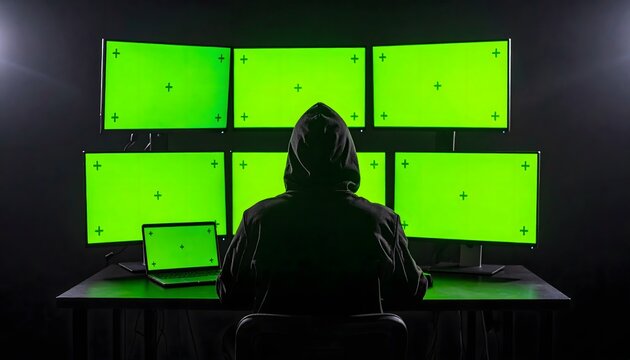 Hacker at Work: Silhouette of Man in Hoody with Multiple Green Screen Monitors and Laptop in Dark Room