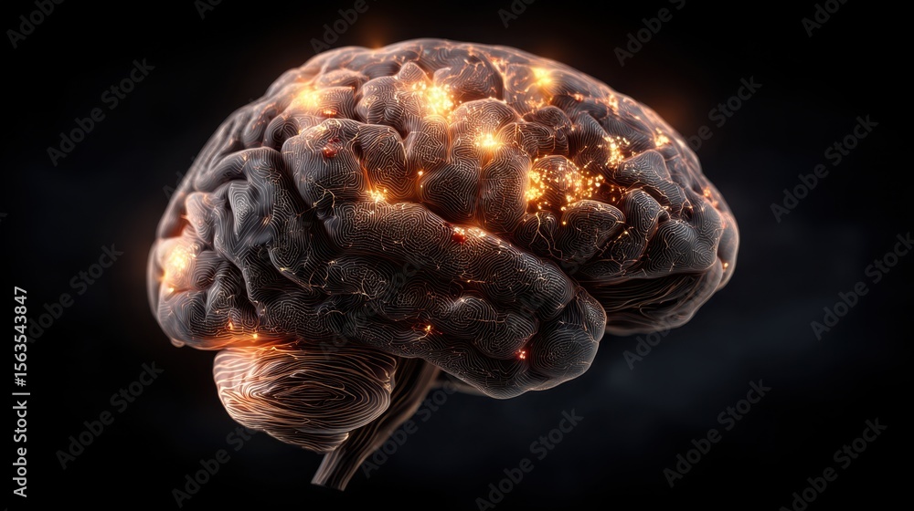 Poster a detailed visualization of a brain with neural activity