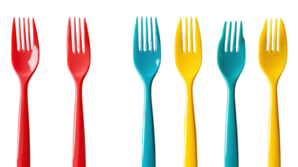 Colorful forks in vibrant hues arranged in playful order, creating a cheerful atmosphere for dining and celebration on transparent background