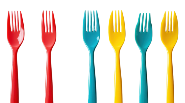 Colorful forks in vibrant hues arranged in playful order, creating a cheerful atmosphere for dining and celebration on transparent background