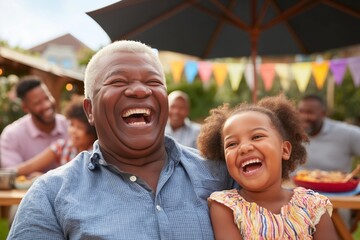 The joy of a family reunion is captured as three generations of a Black family pose for a photo in their backyard, with festive decorations around them.